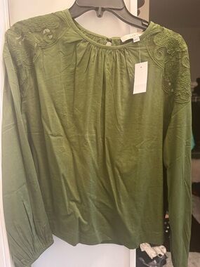 LOFT Olive Embroidered Shoulder Long-Sleeve Blouse